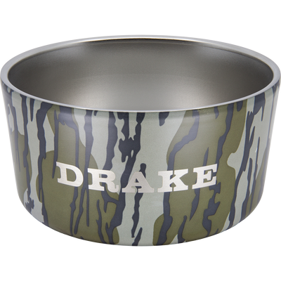 Team Gun Dog Insulated Stainless Steel Dog Bowl with Lid, featuring a camouflage pattern, stenciled DRAKE, and includes a nonslip bottom and collapsible lid.