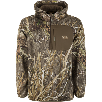 MST Endurance Quarter Zip Jacket with Hood, featuring Mossy Oak camo, zip-up front, chest pocket, fleece-lined hood, and elastic cuffs, ideal for active outdoor use.