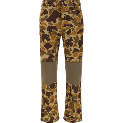 Waterfowl Endurance Jean Cut Wader Pant in Old School Sport camo with reinforced solid brown knee patches, front pockets, and button closure—perfect mid-weight hunting pants, shown on a plain white background.