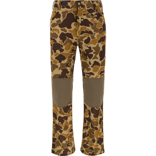 Waterfowl Endurance Jean Cut Wader Pant in Old School Sport camo with reinforced solid brown knee patches, front pockets, and button closure—perfect mid-weight hunting pants, shown on a plain white background.