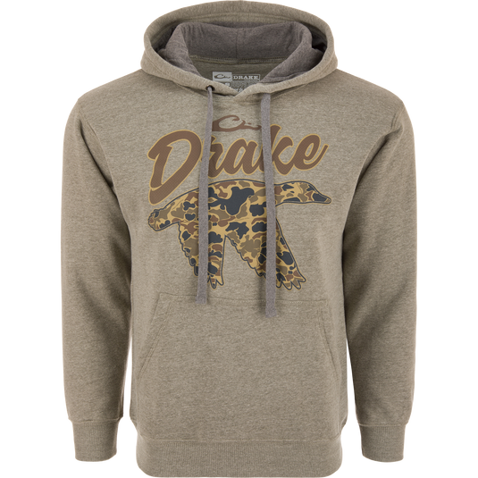 Old School Duck Hoodie in olive-grey heather with “Drake” script and camo drake silhouette, featuring a drawstring hood and reinforced kangaroo pocket on a mannequin.