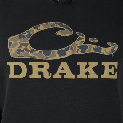 The Old School Logo Hoodie by Lifestyle is black with bold tan DRAKE lettering and a stylized camo duck head logo above.