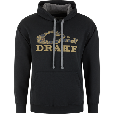 The Lifestyle Old School Logo Hoodie is a black cotton-poly midweight hoodie with front pocket, gray drawstrings, and a tan camo Old School Drake logo with DRAKE in bold tan letters underneath.