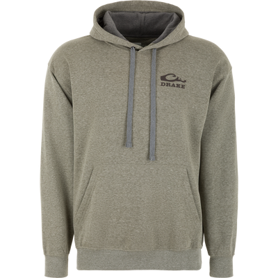 A midweight olive green fleece Black Lab Print Hoodie by Lifestyle, featuring a front pocket, drawstrings, and a small Drake logo with a stylized duck head on the left chest.