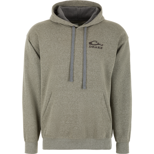 A midweight olive green fleece Black Lab Print Hoodie by Lifestyle, featuring a front pocket, drawstrings, and a small Drake logo with a stylized duck head on the left chest.