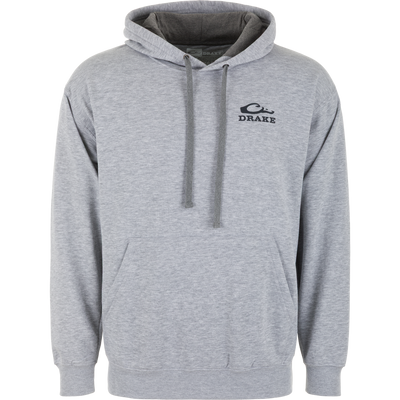 Stay comfortable outdoors in the Lifestyle Mallard Circle Logo Hoodie, a light gray cotton-poly hoodie with front pocket, gray drawstrings, and a small duck graphic on the left chest.
