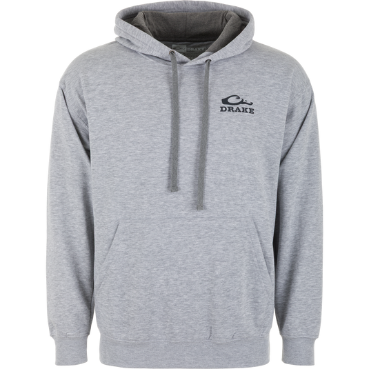 Stay comfortable outdoors in the Lifestyle Mallard Circle Logo Hoodie, a light gray cotton-poly hoodie with front pocket, gray drawstrings, and a small duck graphic on the left chest.