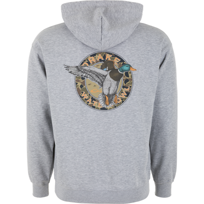 The Mallard Circle Logo Hoodie by Lifestyle in Athletic Heather features a bold mallard graphic and logo—an essential for any outdoor adventure hoodie collection.