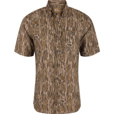 Drake 8-Shot Flyweight Shirt in camo, features button-up front, collared neckline, two chest pockets, perfect for hunting with moisture-wicking and sun protection qualities.