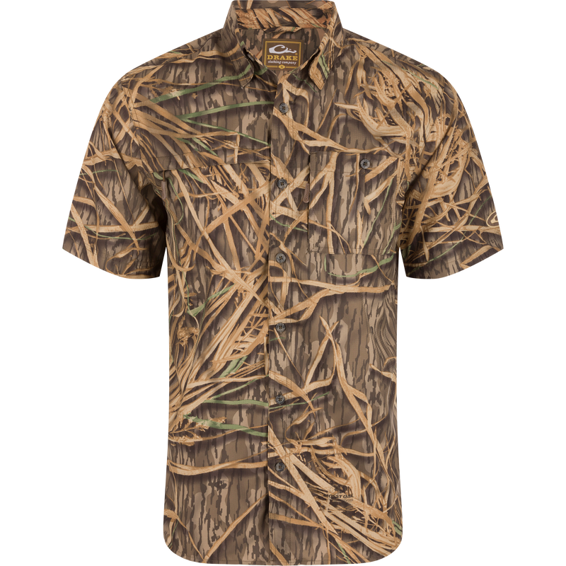8-Shot Flyweight Shirt in camo pattern, featuring short sleeves, button-front, dual chest pockets, and vented cape back, ideal for hunting and outdoor activities.
