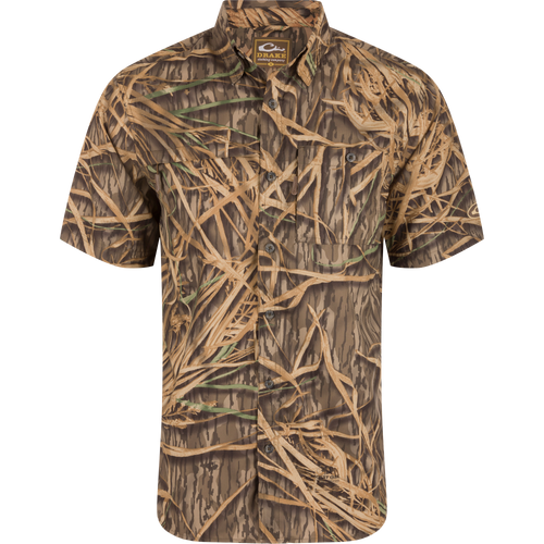 8-Shot Flyweight Shirt in camo pattern, featuring short sleeves, button-front, dual chest pockets, and vented cape back, ideal for hunting and outdoor activities.