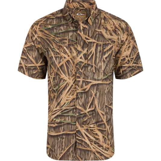 8-Shot Flyweight Shirt in camo pattern, featuring short sleeves, button-front, dual chest pockets, and vented cape back, ideal for hunting and outdoor activities.