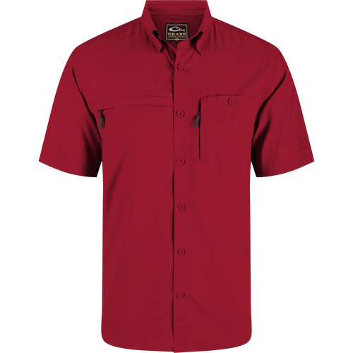 Americana 8-Shot Flyweight Shirt, red button-up with short sleeves, vented cape back, and dual chest pockets, designed for comfort and performance in outdoor settings.