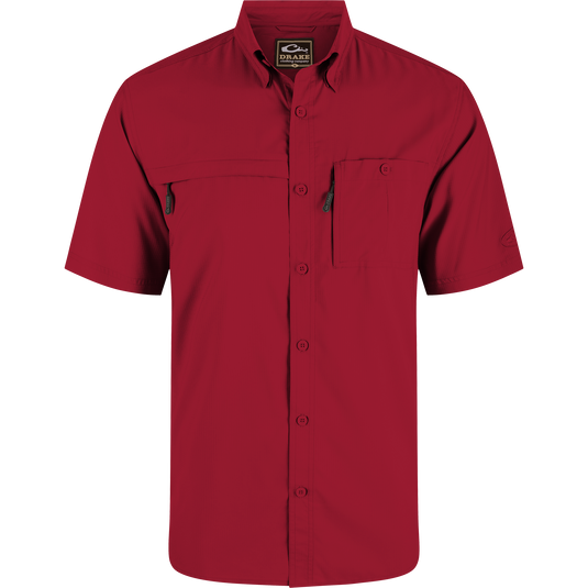 Americana 8-Shot Flyweight Shirt, red button-up with short sleeves, vented cape back, and dual chest pockets, designed for comfort and performance in outdoor settings.
