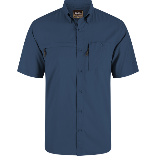 Americana 8-Shot Flyweight Shirt features a navy-blue, short-sleeve design with two chest pockets and a point collar, ideal for outdoor and casual wear.
