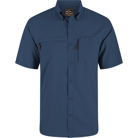 Americana 8-Shot Flyweight Shirt features a navy-blue, short-sleeve design with two chest pockets and a point collar, ideal for outdoor and casual wear.