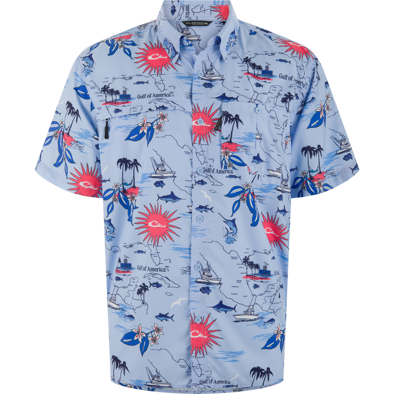 Americana 8-Shot Flyweight Shirt with a nautical map motif, featuring fishing boats and marlin. Lightweight, vented, with dual chest pockets for outdoor activities.