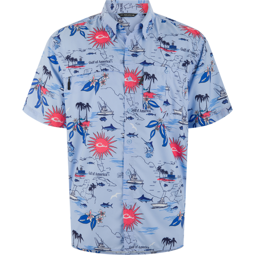Americana 8-Shot Flyweight Shirt with a nautical map motif, featuring fishing boats and marlin. Lightweight, vented, with dual chest pockets for outdoor activities.