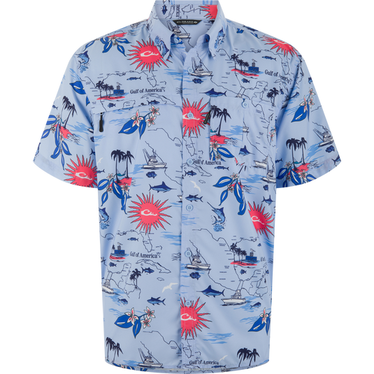 Americana 8-Shot Flyweight Shirt with a nautical map motif, featuring fishing boats and marlin. Lightweight, vented, with dual chest pockets for outdoor activities.
