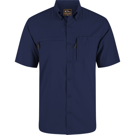 Americana 8-Shot Flyweight Shirt with dual chest pockets; one buttoned, one zippered. Features hidden button-down collar and vented cape back for breathability.