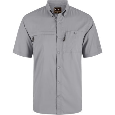 8-Shot Flyweight Shirt with vented cape back, hidden button-down collar, and zippered chest pockets, designed for hunting with moisture-wicking, quick-drying fabric.