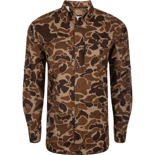 Sale Long-Sleeved 8-Shot Flyweight Shirt in a brown camouflage pattern, featuring long sleeves with roll-up tabs, a button-down front, moisture-wicking fabric, and two chest pockets.