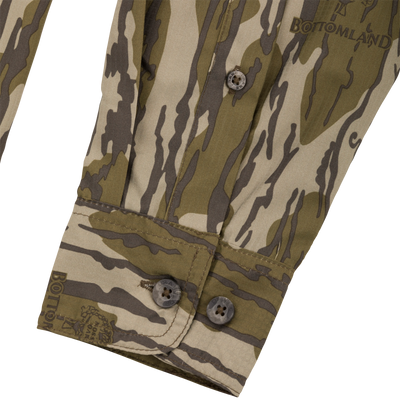 Close-up of the Long-Sleeved Flyweight Camo Hunting Shirt showcasing buttons and fabric details.