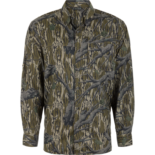 Long-Sleeved 8-Shot Flyweight Shirt in a tree bark and leaf camouflage print with long sleeves and a button-down front.