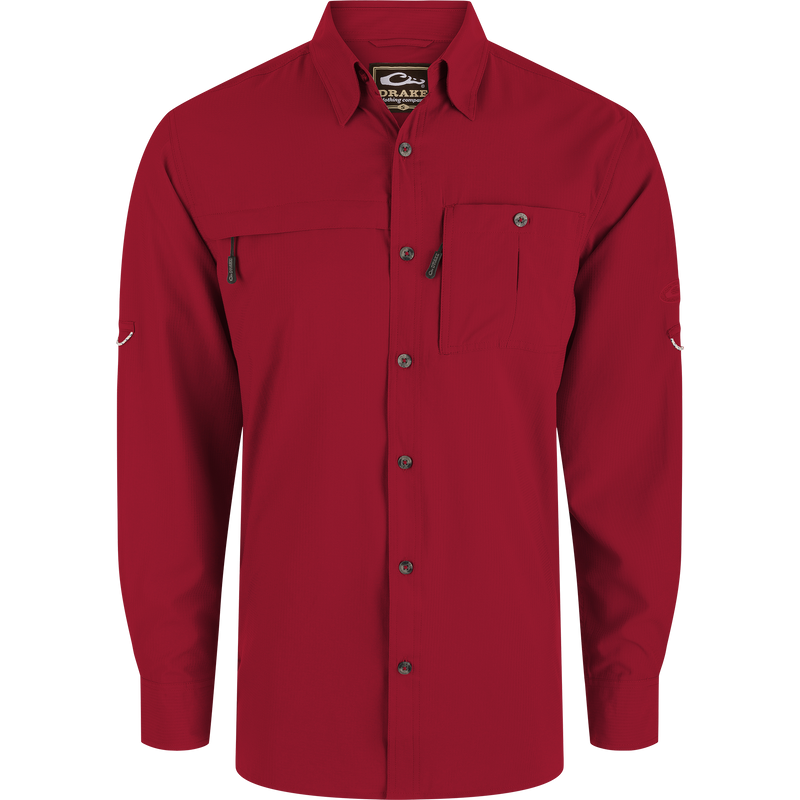 Long-Sleeved Flyweight Camo Hunting Shirt with vented cape back, hidden zippers, and adjustable sleeves, designed for optimal mobility and moisture wicking during hunting.
