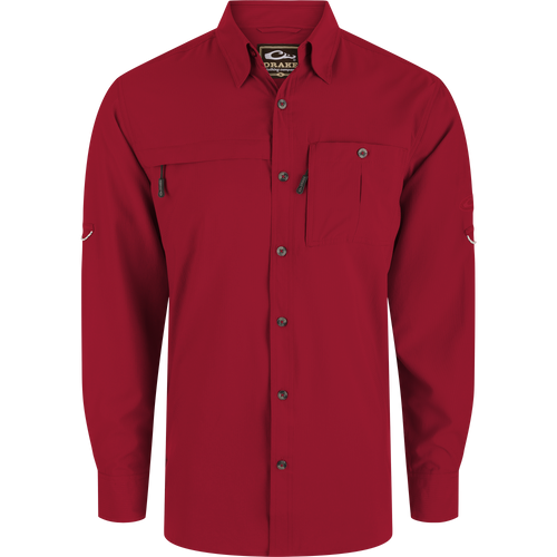 Long-Sleeved Flyweight Camo Hunting Shirt with vented cape back, hidden zippers, and adjustable sleeves, designed for optimal mobility and moisture wicking during hunting.