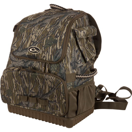Tree Hugger Timber Pack with camouflage pattern, multiple compartments, padded straps, compression-molded bottom, and paracord handles, ideal for co-hunter outdoor storage and organization.