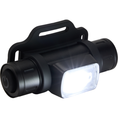 Lumen Headlamp EVO1000 featuring rugged aluminum body, adjustable strap, and rotating design. Includes rechargeable battery and multiple light modes for versatile outdoor use.