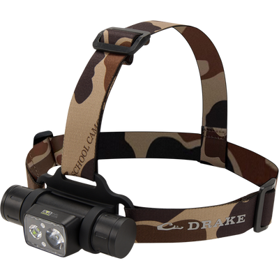 Lumen Old School Camo Headlamp EVO1500 with adjustable strap, featuring a rugged design, rotating head, and rechargeable battery for versatile lighting in hunting environments.