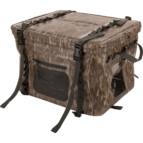 HND Carry All Collapsible Storage Bag with camo pattern, quick-release buckles, adjustable straps, and see-through window for versatile outdoor gear transport.