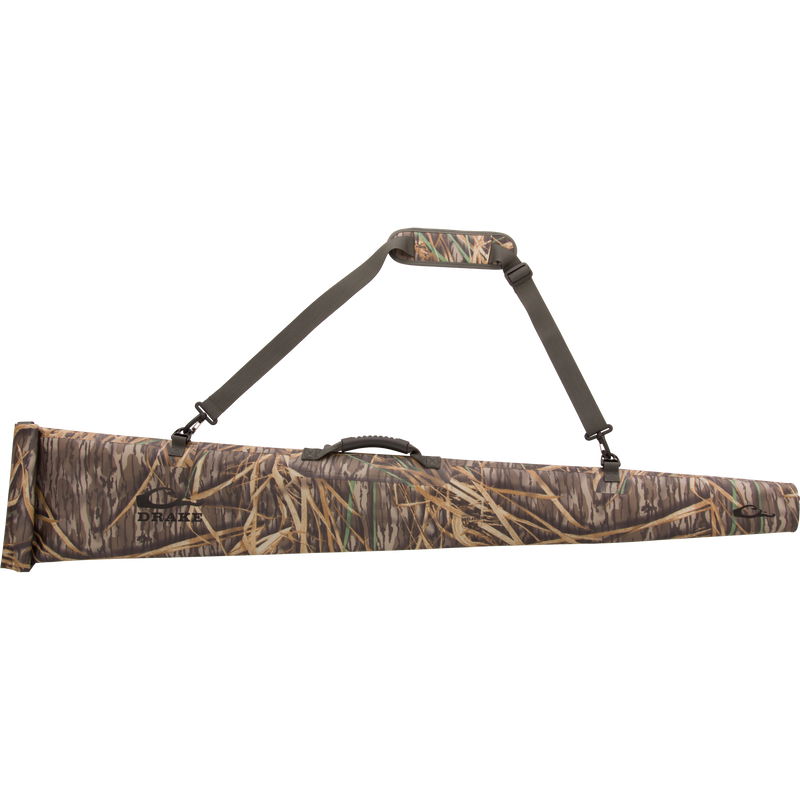 Hardline Waterproof Gun Case with grass-and-reeds camouflage, padded design, top handle, adjustable shoulder strap, and roll-top closure for 28 shotguns.