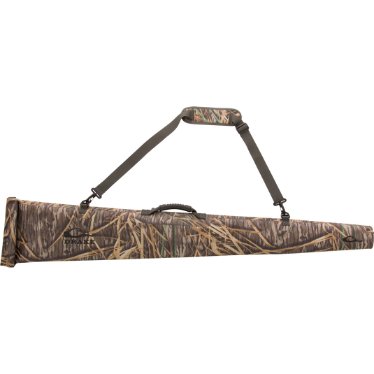 Hardline Waterproof Gun Case with grass-and-reeds camouflage, padded design, top handle, adjustable shoulder strap, and roll-top closure for 28 shotguns.