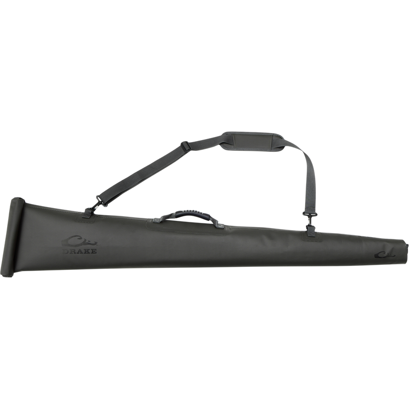 Hardline Waterproof Gun Case featuring a top handle and adjustable shoulder strap, designed for shotguns up to 28 with waterproof, floatable construction.