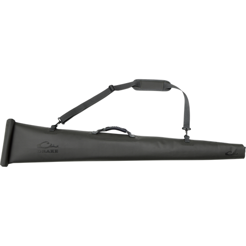 Hardline Waterproof Gun Case featuring a top handle and adjustable shoulder strap, designed for shotguns up to 28 with waterproof, floatable construction.