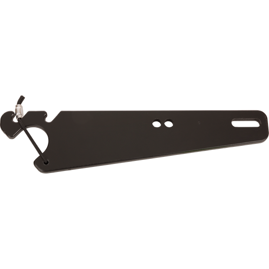 Truck Gun Rest: Black metal multi-tool with circular cut-out, lanyard, and slots for easy headrest installation, enhancing secure firearm transport in vehicles.