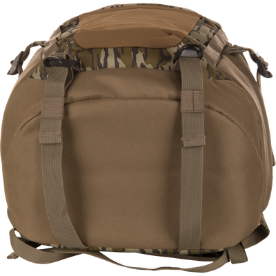 Close-up of the Campus Backpack's top section, showcasing durable shoulder straps, plastic buckles, and a camouflage accent, highlighting its rugged design for versatile use.