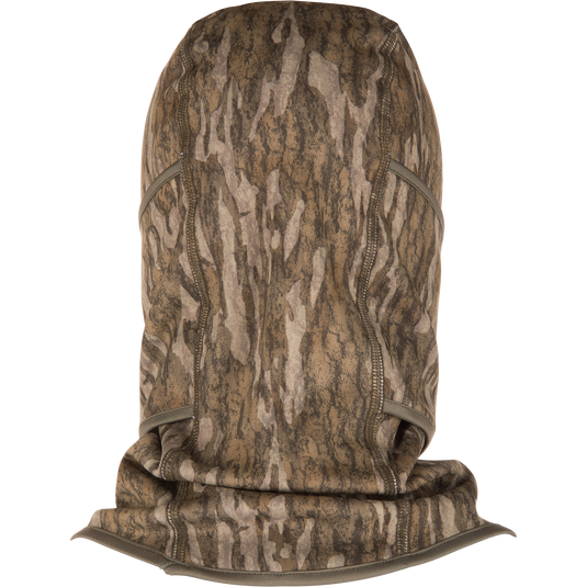 The Waterfowl MST Fleece Convertible Face Mask features a brown and tan tree bark camo pattern in stretch fleece, perfect for outdoor or hunting use. Displayed on a plain white background.