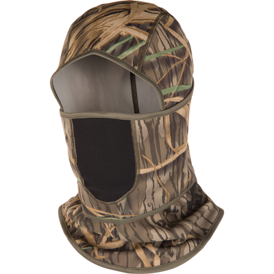The Waterfowl MST Fleece Convertible Face Mask in Mossy Oak Original Shadow Grass features stretch fleece, an open face area, and mesh mouth covering—perfect for outdoor activities like hunting. Displayed on a white background.