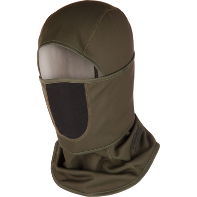 The MST Fleece Convertible Face Mask by Waterfowl in Green Timber features a large face opening and mesh mouth panel, ideal for outdoor or cold weather use.