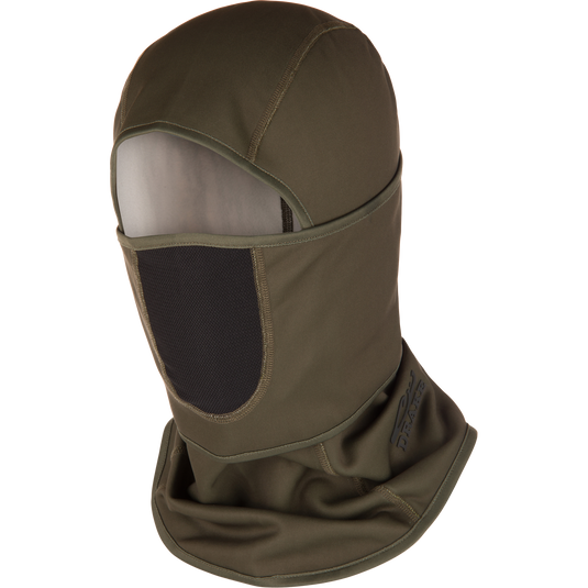 The MST Fleece Convertible Face Mask by Waterfowl in Green Timber features a large face opening and mesh mouth panel, ideal for outdoor or cold weather use.