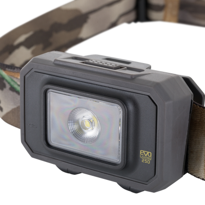 A close-up of the Waterfowl 3 Headlamp Lighting Pack 250LM, featuring a camo design, rectangular black casing, central LED, and “250LM” printed on the front.