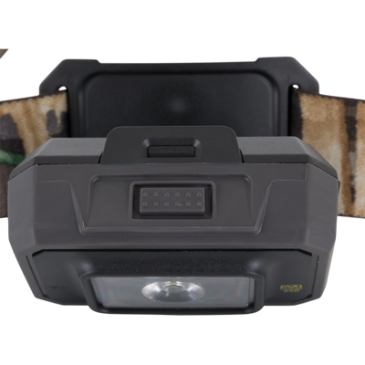 Close-up of the Waterfowl 3 Headlamp Lighting Pack 250LM, a black dual-fuel headlamp with a camouflage strap—showing front light and button details for your outdoor adventures.