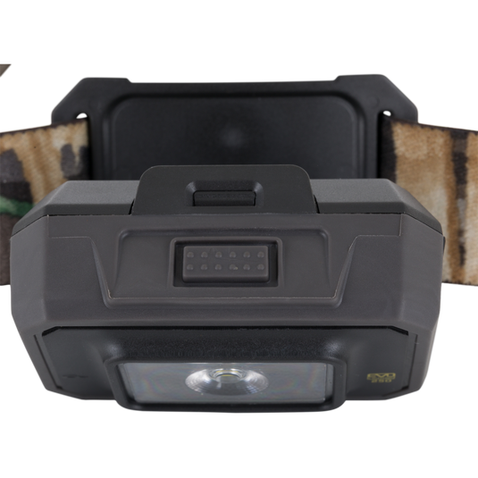 Close-up of the Waterfowl 3 Headlamp Lighting Pack 250LM, a black dual-fuel headlamp with a camouflage strap—showing front light and button details for your outdoor adventures.