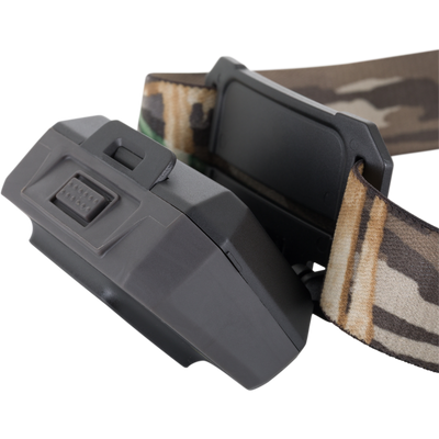 A close-up of the Waterfowl 3 Headlamp Lighting Pack 250LM, a black dual-fuel headlamp with a camouflage-patterned adjustable strap, shown against a plain white background.
