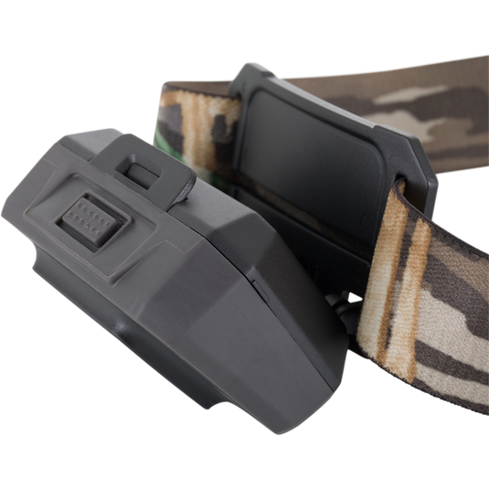A close-up of the Waterfowl 3 Headlamp Lighting Pack 250LM, a black dual-fuel headlamp with a camouflage-patterned adjustable strap, shown against a plain white background.