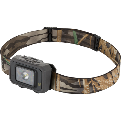 The Waterfowl 3 Headlamp Lighting Pack 250LM features a rectangular black light unit and camouflage-patterned adjustable strap, delivering 250 lumen hands-free illumination—an affordable kit for outdoor adventures.